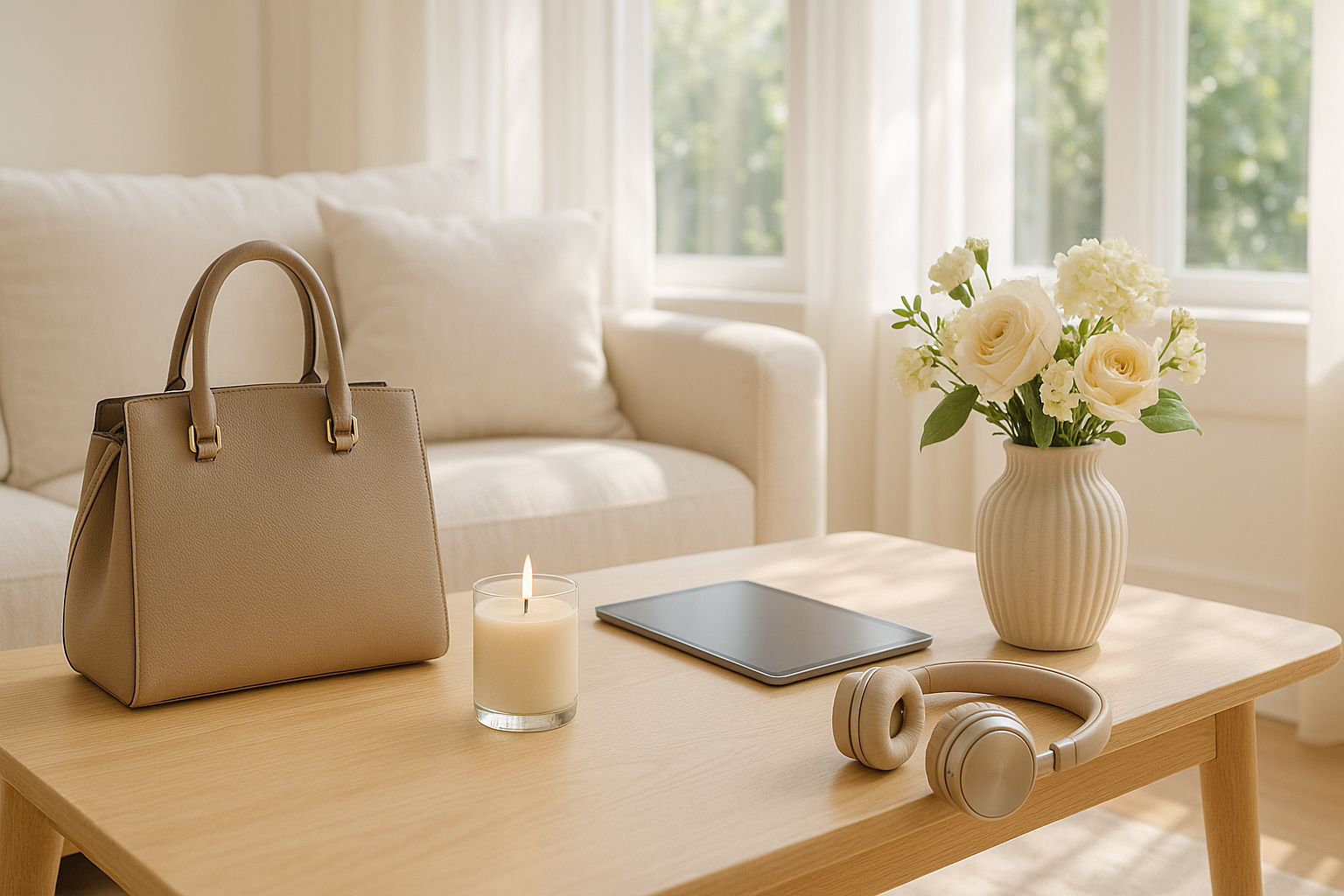 A bright, airy living room setup with a neutral-toned coffee table. On the table: a stylish handbag, scented candle, tablet, headphones, and a decorative vase with flowers. Natural sunlight streaming in, cozy and welcoming atmosphere, no text, wide banner format (16:9).